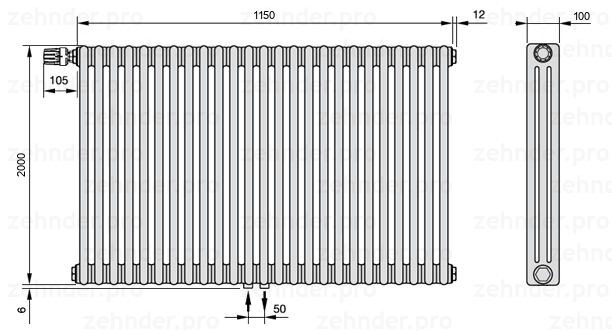 Схема (чертеж) Радиатор Zehnder Charleston 3200/25 №V007 Белый глянцевый RAL 9016